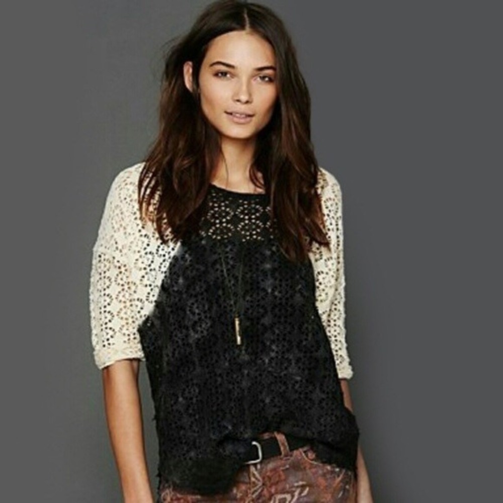 We The Free Crochet Top Women Medium Black Ivory Dip Dye Boho Lace 3/4 Sleeve
